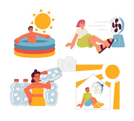 Illustration for Stay cool during heat wave flat concept vector spot illustration set. Summer safety 2D cartoon characters on white for web UI design. Hydration at home isolated editable creative hero image pack - Royalty Free Image
