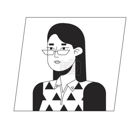 Illustration for Brunette woman in glasses with short hair black white cartoon avatar icon. Editable 2D character user portrait, linear flat illustration. Vector face profile. Outline person head and shoulders - Royalty Free Image