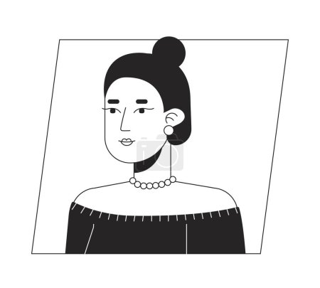 Illustration for Happy caucasian woman with bun hairstyle black white cartoon avatar icon. Editable 2D character user portrait, linear flat illustration. Vector face profile. Outline person head and shoulders - Royalty Free Image