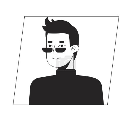 Ilustración de Hombre joven guapo en gafas de dibujos animados blanco negro icono de avatar. Retrato de usuario de carácter 2D editable, ilustración plana lineal. Perfil facial vectorial. Esquema persona cabeza y hombros - Imagen libre de derechos