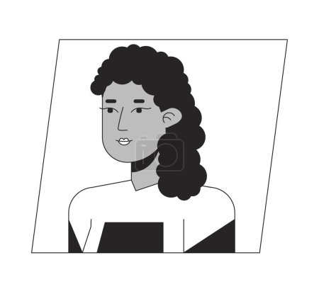 Téléchargez les illustrations : Superbe fille brune noir blanc dessin animé avatar icône. Course afro-américaine. Portrait d'utilisateur de personnage 2D modifiable, illustration linéaire à plat. Profil vectoriel. Décrivez la personne tête et épaules - en licence libre de droit