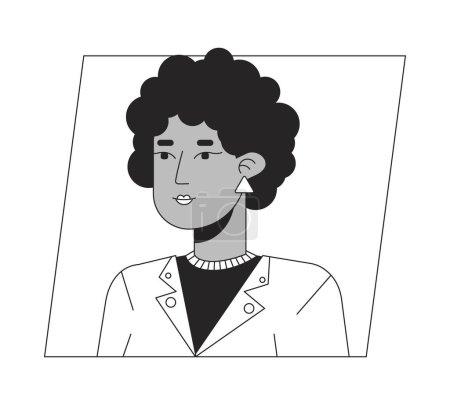 Téléchargez les illustrations : Attrayant adulte afro-américaine dame noir blanc dessin animé avatar icône. Portrait d'utilisateur de personnage 2D modifiable, illustration linéaire à plat. Profil vectoriel. Décrivez la personne tête et épaules - en licence libre de droit