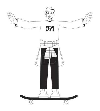 Ilustración de Guapo patinador ondeando línea plana negro blanco vector carácter. Esquema editable joven cuerpo completo haciendo trucos en el monopatín. Ilustración puntual aislada de dibujos animados simples para diseño gráfico web - Imagen libre de derechos