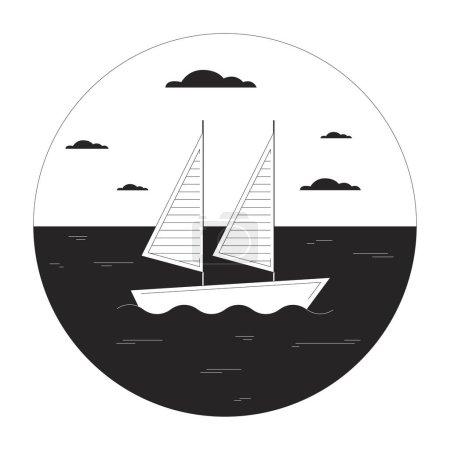Illustration for Sailboat on water bw vector spot illustration. Yacht ocean. Sea boating 2D cartoon flat line monochromatic circle seascape for web UI design. Yachting sport editable isolated outline hero image - Royalty Free Image