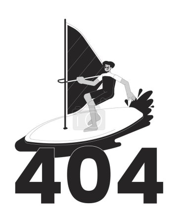 Illustration for Extreme windsurfing sport black white error 404 flash message. Swimwear latin man surfing with sail. Mono empty state ui design. Page not found popup cartoon image. Vector flat outline illustration - Royalty Free Image