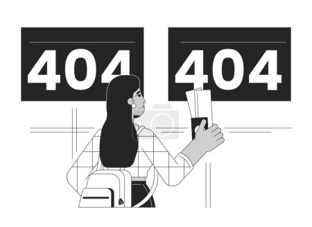 Illustration for Airport departure cancelled flights black white error 404 flash message. Travel accident. Monochrome empty state ui design. Page not found popup cartoon image. Vector flat outline illustration concept - Royalty Free Image