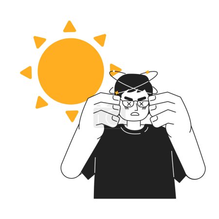 Illustration for Heat stroke symptom monochrome concept vector spot illustration. Man struggling with heat exhaustion 2D flat bw cartoon character for web UI design. Overheated isolated editable hand drawn hero image - Royalty Free Image