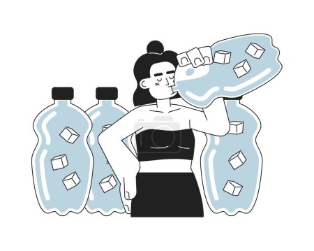 Illustration for Drink more water monochrome concept vector spot illustration. Latina woman drinking from water bottle 2D flat bw cartoon character for web UI design. Stay cool isolated editable hand drawn hero image - Royalty Free Image