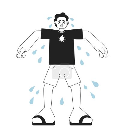 Illustration for Sweating outdoors in summertime monochrome concept vector spot illustration. Sad man with sweaty armpits 2D flat bw cartoon character for web UI design. Heat isolated editable hand drawn hero image - Royalty Free Image