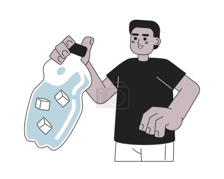 Illustration for Stay hydrated in summer monochrome concept vector spot illustration. Black young man holding water bottle 2D flat bw cartoon character for web UI design. Isolated editable hand drawn hero image - Royalty Free Image