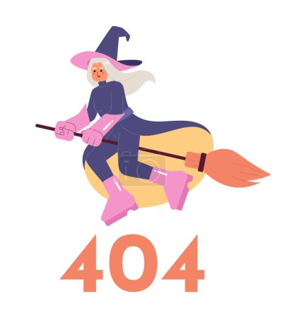 Illustration for Witch on broomstick error 404 flash message. Mystery character. Empty state ui design. Page not found popup cartoon image. Vector flat illustration concept on white background - Royalty Free Image