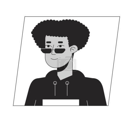 Téléchargez les illustrations : Homme hispanique à la mode dans les lunettes de soleil noir blanc dessin animé avatar icône. Portrait d'utilisateur de personnage 2D modifiable, illustration linéaire à plat. Profil vectoriel. Décrivez la personne tête et épaules - en licence libre de droit