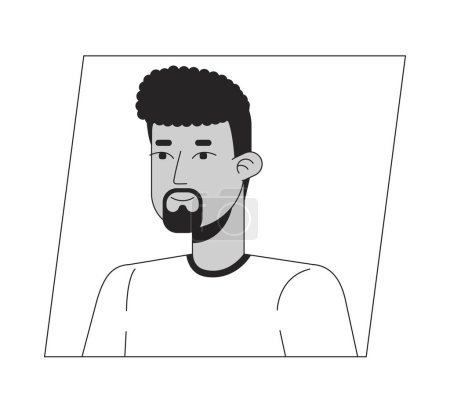 Téléchargez les illustrations : Bel homme hispanique adulte avec barbe noire noir blanc dessin animé avatar icône. Portrait d'utilisateur de personnage 2D modifiable, illustration linéaire à plat. Profil vectoriel. Décrivez la personne tête et épaules - en licence libre de droit