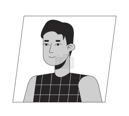 Illustration for Handsome young adult man black white cartoon avatar icon. Brunette hispanic male. Editable 2D character user portrait, linear flat illustration. Vector face profile. Outline person head and shoulders - Royalty Free Image