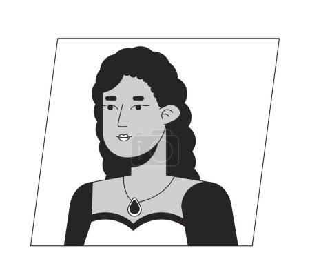 Illustration for Cute hispanic woman with necklace on neck black white cartoon avatar icon. Editable 2D character user portrait, linear flat illustration. Vector face profile. Outline person head and shoulders - Royalty Free Image