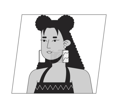Illustration for Stylish hispanic woman with earrings black white cartoon avatar icon. Editable 2D character user portrait, linear flat illustration. Vector face profile. Outline person head and shoulders - Royalty Free Image