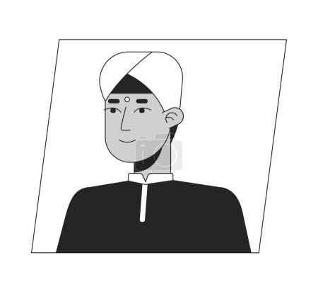 Illustration for Indian man in turban black white cartoon avatar icon. Editable 2D character user portrait, linear flat illustration. Vector face profile. Outline person head and shoulders - Royalty Free Image