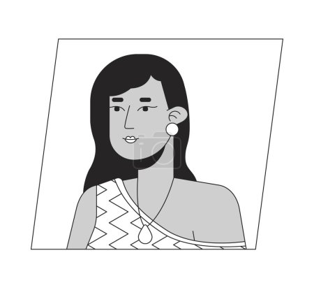 Téléchargez les illustrations : Jolie femme indienne avec de longs cheveux noirs noir blanc dessin animé avatar icône. Portrait d'utilisateur de personnage 2D modifiable, illustration linéaire à plat. Profil vectoriel. Décrivez la personne tête et épaules - en licence libre de droit