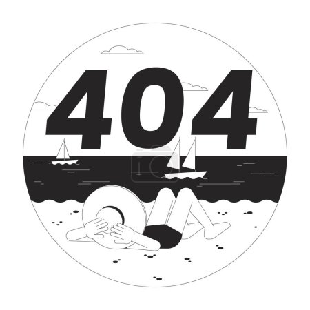 Illustration for Vacation beach black white error 404 flash message. Lying sunbathing girl looking at ocean. Monochrome empty state ui design. Page not found popup cartoon image. Vector flat outline illustration - Royalty Free Image