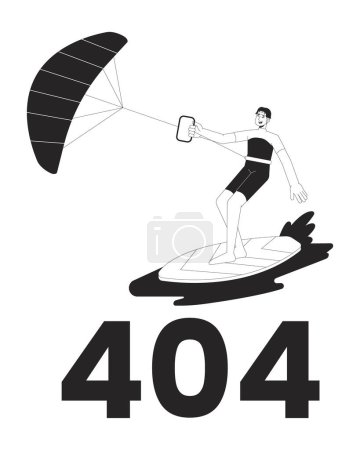Illustration for Kitesurfing black white error 404 flash message. Surfer with kite stands on board. Monochrome empty state ui design. Page not found popup cartoon image. Water sports. Vector flat outline illustration - Royalty Free Image
