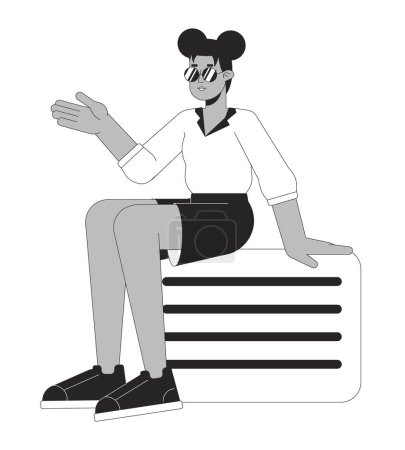 Téléchargez les illustrations : Élégant afro-américaine fille assise sur valise ligne plate noir blanc personnage vecteur. Plan modifiable personne de corps entier. Bagagerie femme dessin animé simple illustration spot isolé pour la conception graphique web - en licence libre de droit
