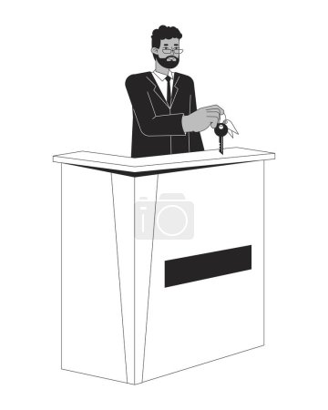 Illustration for Male receptionist at hotel front desk flat line black white vector character. Editable outline full body person. Motel check in simple cartoon isolated spot illustration for web graphic design - Royalty Free Image
