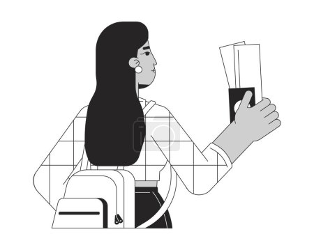 Ilustración de Chica india con tarjeta de embarque línea plana negro blanco vector carácter. Esquema editable persona de cuerpo completo. Turista mujer con mochila simple ilustración spot de dibujos animados aislados para el diseño gráfico web - Imagen libre de derechos