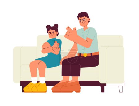 Illustration for Asian parent scolding child flat vector spot illustration. Korean father disciplining frustrated daughter 2D cartoon characters on white for web UI design. Isolated editable creative hero image - Royalty Free Image