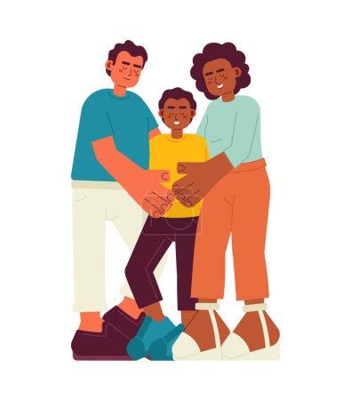 Illustration for Mixed race family hug candid flat vector spot illustration. Latino father and african american mom embracing son 2D cartoon characters on white for web UI design. Isolated editable creative hero image - Royalty Free Image