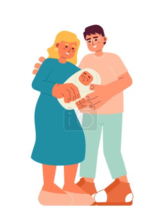 Illustration for Mom dad newborn flat vector spot illustration. Baby and parents 2D cartoon characters on white for web UI design. Mixed race couple holds baby. Infant parenthood isolated editable creative hero image - Royalty Free Image