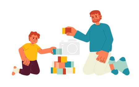 Illustration for Father and son playing flat vector spot illustration. Toddler boy building pyramid with dad 2D cartoon characters on white for web UI design. Parent child isolated editable creative hero image - Royalty Free Image