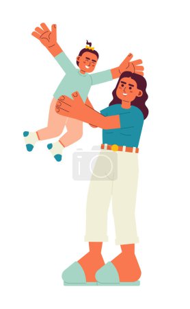 Illustration for Happy baby and mom flat vector spot illustration. Single mom with child 2D cartoon characters on white for web UI design. Arab mother tossing toddler in air isolated editable creative hero image - Royalty Free Image