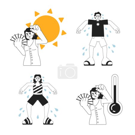 Illustration for Excessive heat warning monochrome concept vector spot illustration set. People sweating 2D flat bw cartoon characters for web UI design. Hot outside isolated editable hand drawn hero image pack - Royalty Free Image