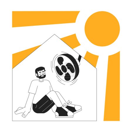 Illustration for Stay in air conditioned room monochrome concept vector spot illustration. European man sitting in front of fan 2D flat bw cartoon character for web UI design. Isolated editable hand drawn hero image - Royalty Free Image