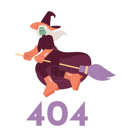 Illustration for Witchcraft error 404 flash message. Evil witch flying on broomstick. Empty state ui design. Page not found popup cartoon image. Vector flat illustration concept on white background - Royalty Free Image