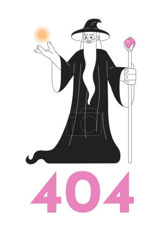 Illustration for Enchanter doing magic tricks black white error 404 flash message. Man skilled in magic. Monochrome empty state ui design. Page not found popup cartoon image. Vector flat outline illustration concept - Royalty Free Image