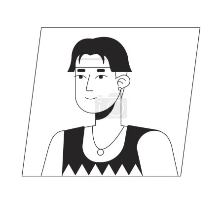 Ilustración de Guapo asiático hombre con negro pelo negro blanco dibujos animados avatar icono. Retrato de usuario de carácter 2D editable, ilustración plana lineal. Perfil facial vectorial. Esquema persona cabeza y hombros - Imagen libre de derechos