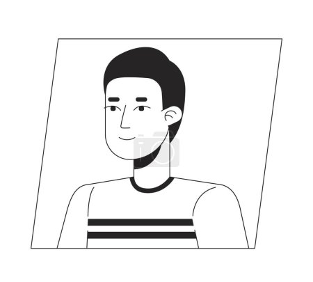 Téléchargez les illustrations : Heureux homme asiatique avec coupe de cheveux courte noir blanc dessin animé avatar icône. Portrait d'utilisateur de personnage 2D modifiable, illustration linéaire à plat. Profil vectoriel. Décrivez la personne tête et épaules - en licence libre de droit
