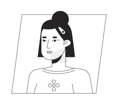 Téléchargez les illustrations : Femme asiatique confiante avec coupe de cheveux courte noir blanc dessin animé avatar icône. Portrait d'utilisateur de personnage 2D modifiable, illustration linéaire à plat. Profil vectoriel. Décrivez la personne tête et épaules - en licence libre de droit
