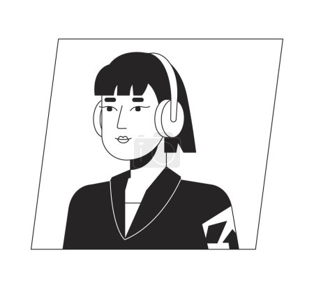 Téléchargez les illustrations : Mignon asiatique femme dans casque noir blanc dessin animé avatar icône. Jolie coiffure. Portrait d'utilisateur de personnage 2D modifiable, illustration linéaire à plat. Profil vectoriel. Décrivez la personne tête et épaules - en licence libre de droit
