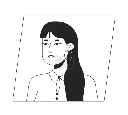 Illustration for Attractive asian adult woman black white cartoon avatar icon. Editable 2D character user portrait, linear flat illustration. Vector face profile. Outline person head and shoulders - Royalty Free Image