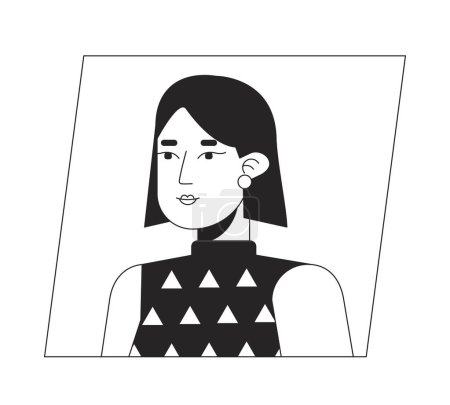 Illustration for Serious asian woman with short hair black white cartoon avatar icon. Editable 2D character user portrait, linear flat illustration. Vector face profile. Outline person head and shoulders - Royalty Free Image