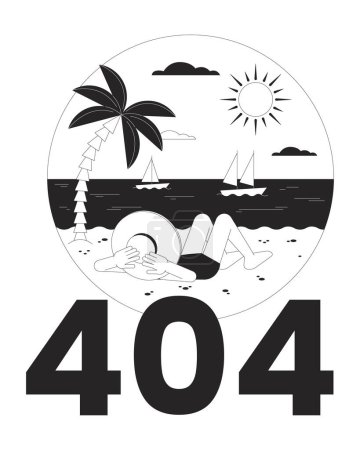 Illustration for Tropical vacation black white error 404 flash message. Hat woman in bikini on beach. Summertime. Monochrome empty state ui design. Page not found popup cartoon image. Vector flat outline illustration - Royalty Free Image