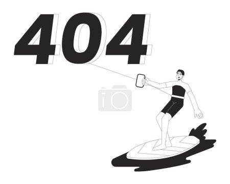 Illustration for Kiteboarding black white error 404 flash message. Watersport recreation. Surfer riding with kite. Monochrome empty state ui design. Page not found popup cartoon image. Vector flat outline illustration - Royalty Free Image