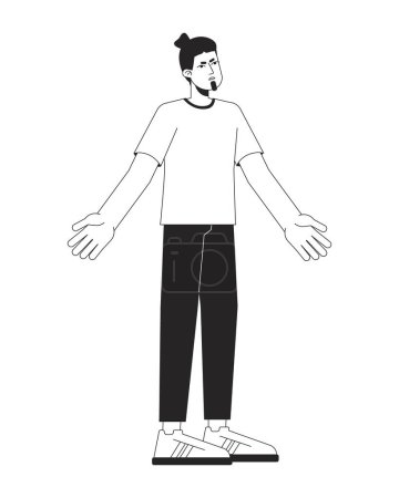 Illustration for Annoyed man throwing up hands flat line black white vector character. Editable outline full body person. Clueless bearded man shrugging simple cartoon isolated spot illustration for web graphic design - Royalty Free Image