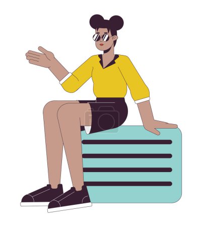 Téléchargez les illustrations : Élégant afro-américaine fille assise sur valise ligne plate couleur vecteur caractère. Plan modifiable personne du corps entier sur blanc. Bagage jeune femme illustration simple de tache de dessin animé pour la conception graphique web - en licence libre de droit