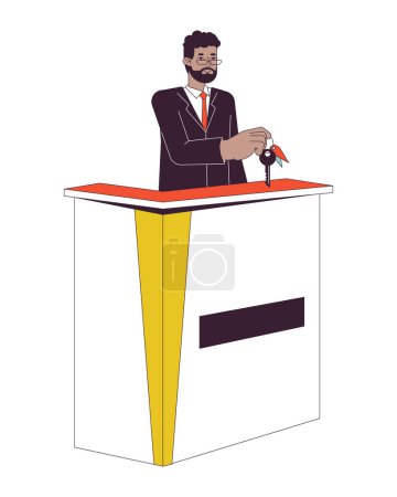 Illustration for Male receptionist at hotel front desk flat line color vector character. Concierge. Editable outline full body person on white. Motel check in simple cartoon spot illustration for web graphic design - Royalty Free Image