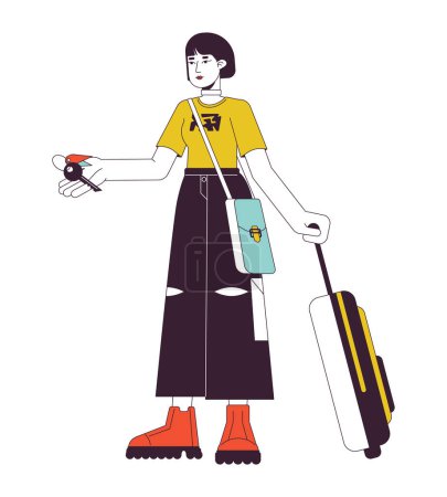 Illustration for Female traveler holding hotel room key flat line color vector character. Editable outline full body person on white. Asian tourist with baggage simple cartoon spot illustration for web graphic design - Royalty Free Image