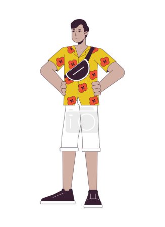 Illustration for Indian male tourist with crossbody bag flat line color vector character. Editable outline full body person on white. Man wearing hawaiian shirt simple cartoon spot illustration for web graphic design - Royalty Free Image