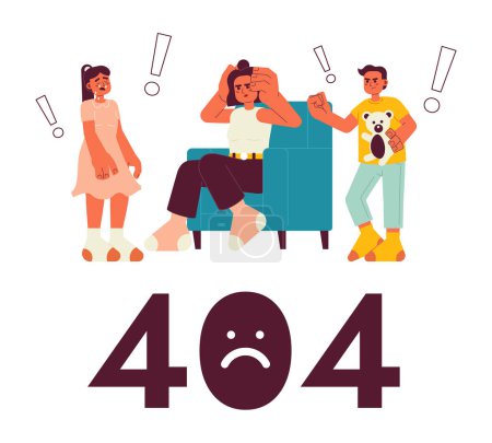 Illustration for Bad parenting day error 404 flash message. Tired mom and siblings having fight. Empty state ui design. Page not found popup cartoon image. Vector flat illustration concept on white background - Royalty Free Image